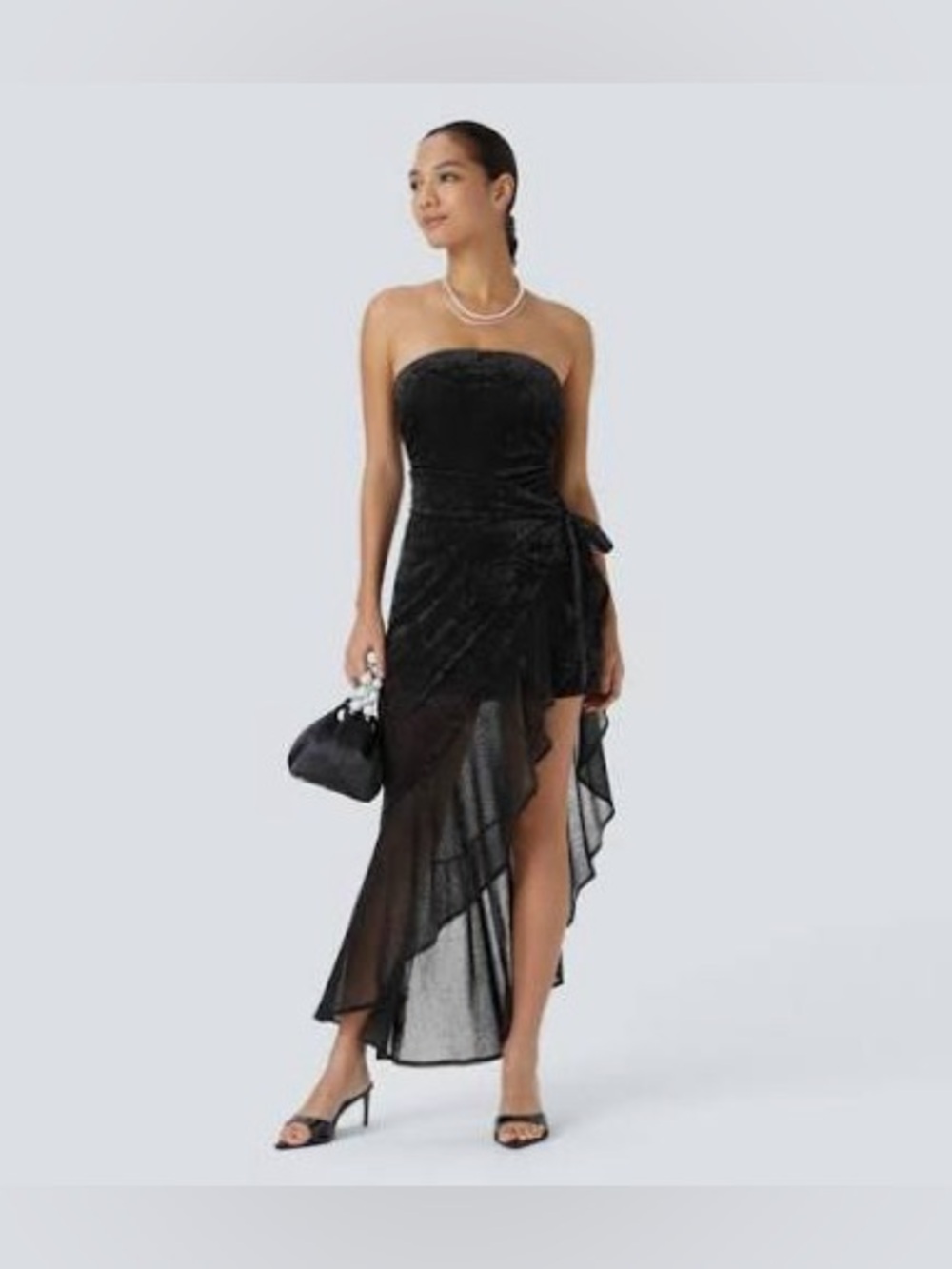 Sheer Ruched Ruffle Trim Wrapped Tie Side Velvet Bodycon Dress 2-Way Set Small - Picture 2 of 5